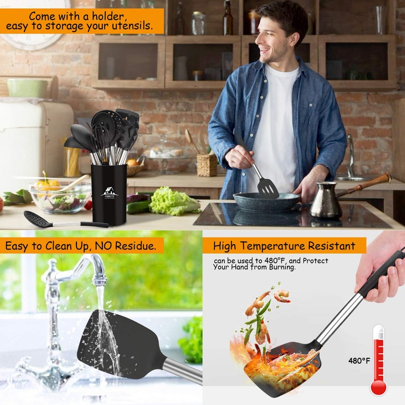 MIBOTE Silicone Kitchen Utensils Set, Cooking Utensils Set with Heat Resistant BPA-Free Silicone and Stainless Steel Handle Kitchen Tools Set (Black) - Image 4